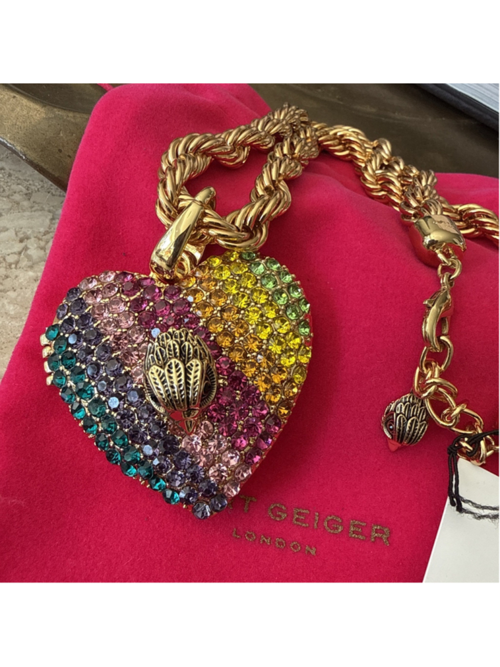 KURT GEIGER London Crystal Heart XL Locket Necklace Rainbow Eagle Head $198